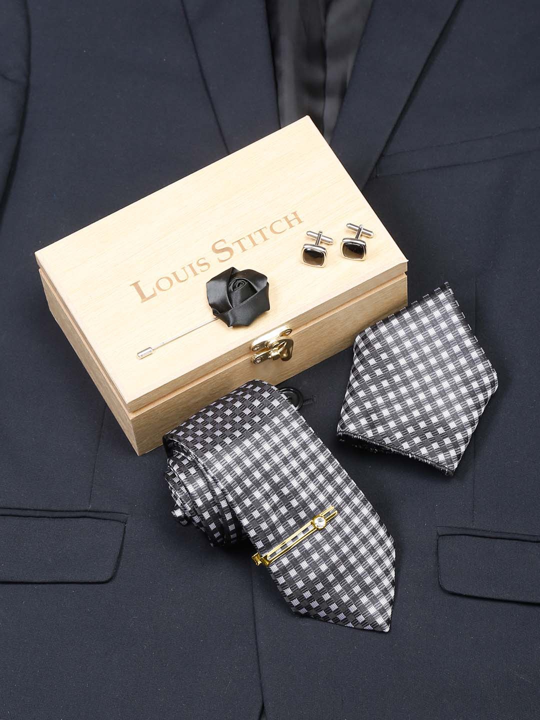 

LOUIS STITCH Men Checked Black Italian Silk Necktie Accessory Gift Set