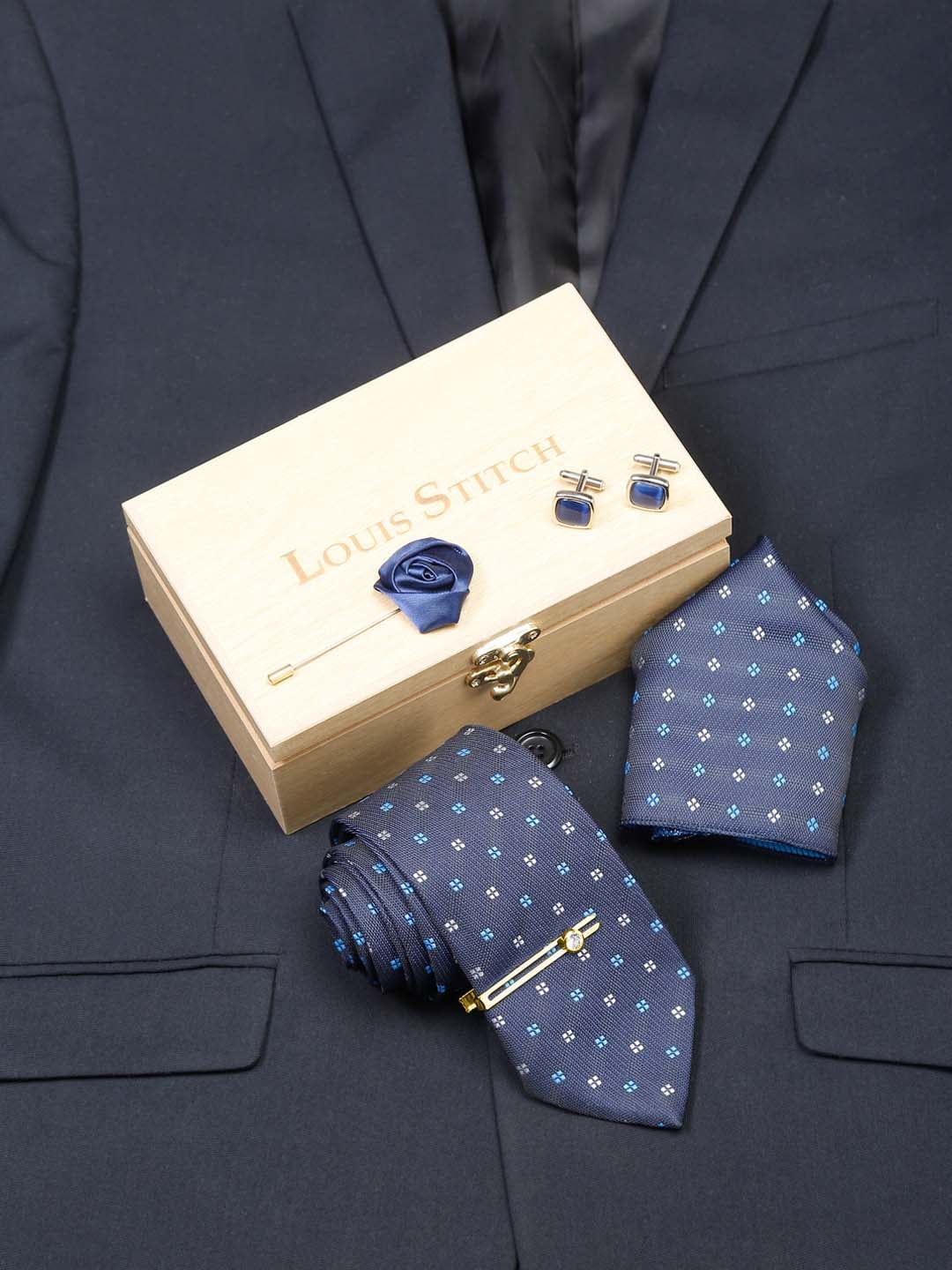 

LOUIS STITCH Men Printed Italian Silk Accessory Gift Set, Blue