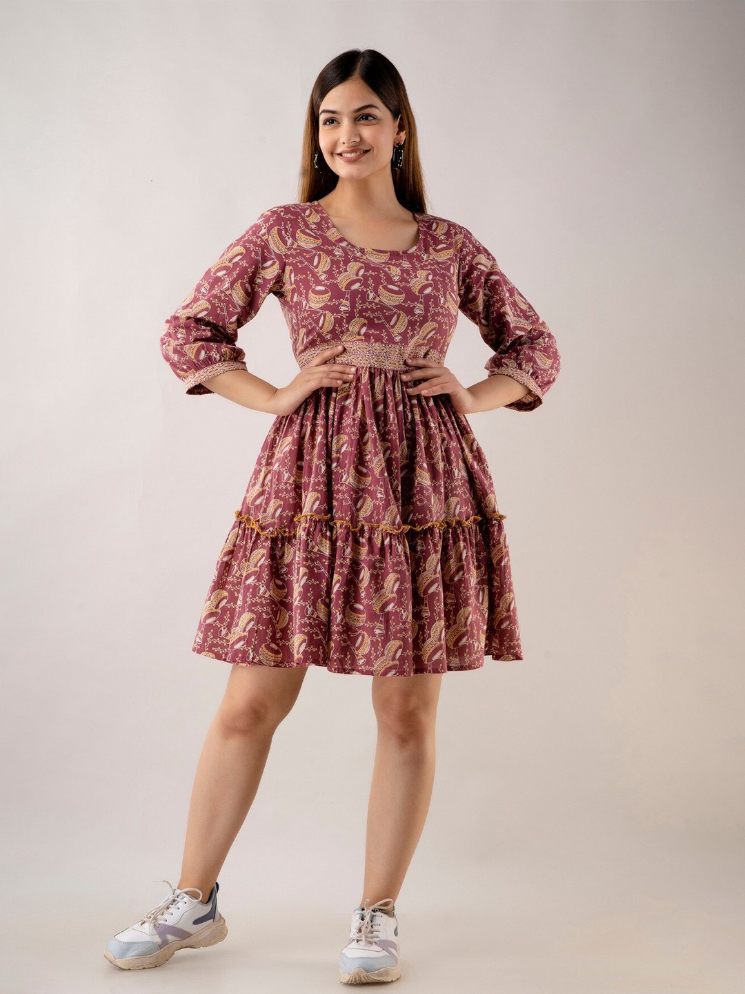 

Women Touch Ethnic Motifs Printed Cotton Fit & Flare Dress, Mauve