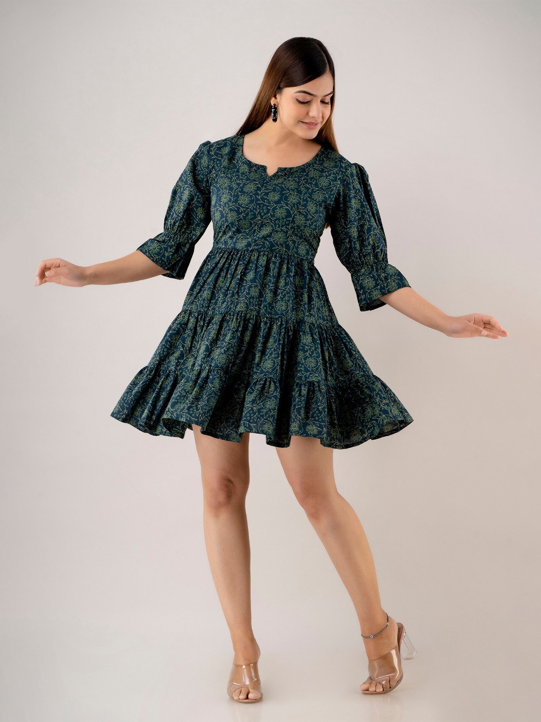 

Women Touch Floral Printed Tiered Gathered Cotton Fit & Flare Dress, Green