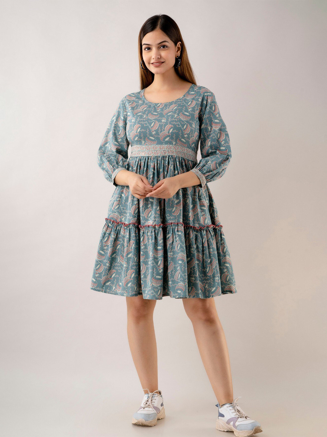 

Women Touch Ethnic Motifs Printed Tiered Cotton Fit & Flare Dress, Blue