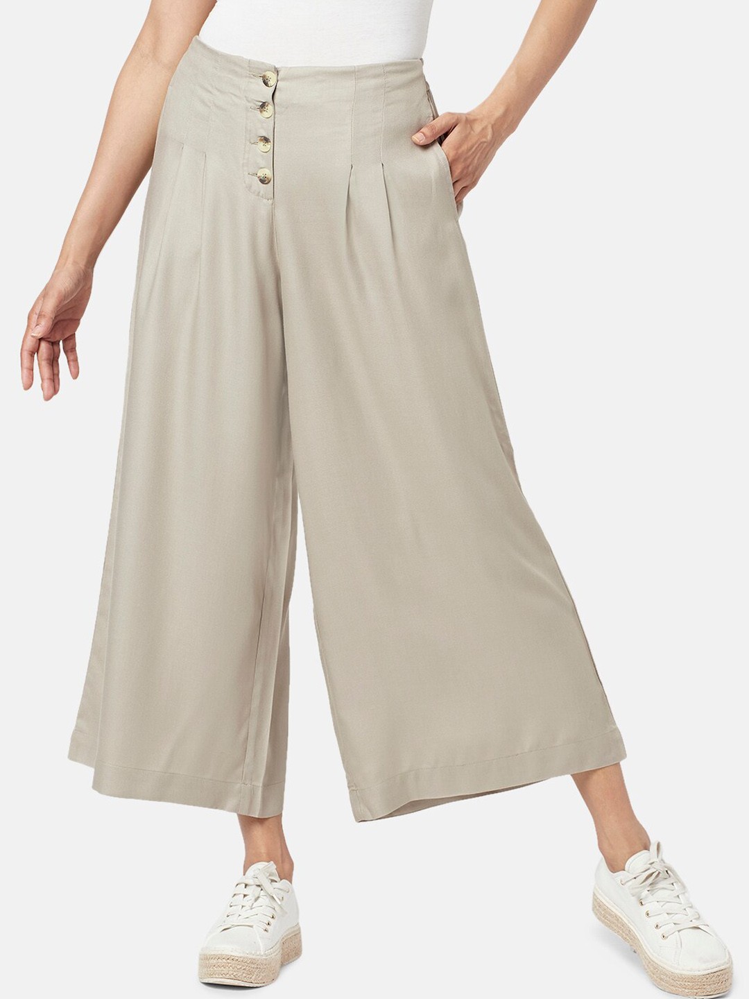 

AKKRITI BY PANTALOONS Women Pleated Culottes Trousers, Beige