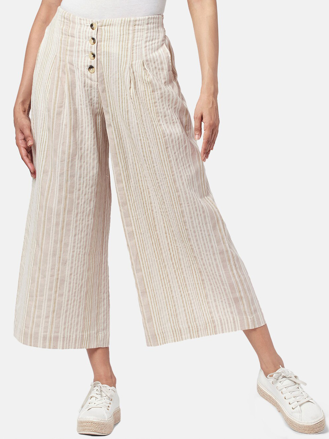 

AKKRITI BY PANTALOONS Women Striped Cotton Flared Culottes Trousers, Beige