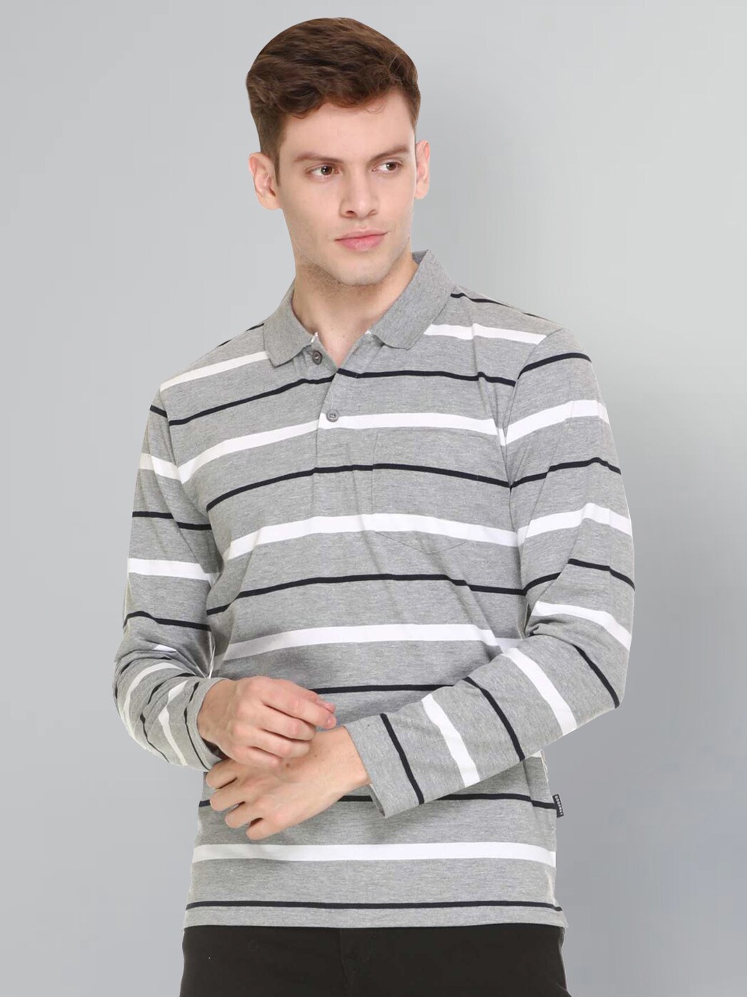 

GODFREY Men Striped Polo Collar Cotton T-shirt, Grey