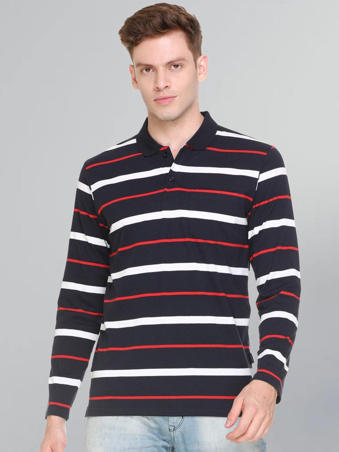 

GODFREY Men Striped Polo Collar Cotton T-shirt, Navy blue