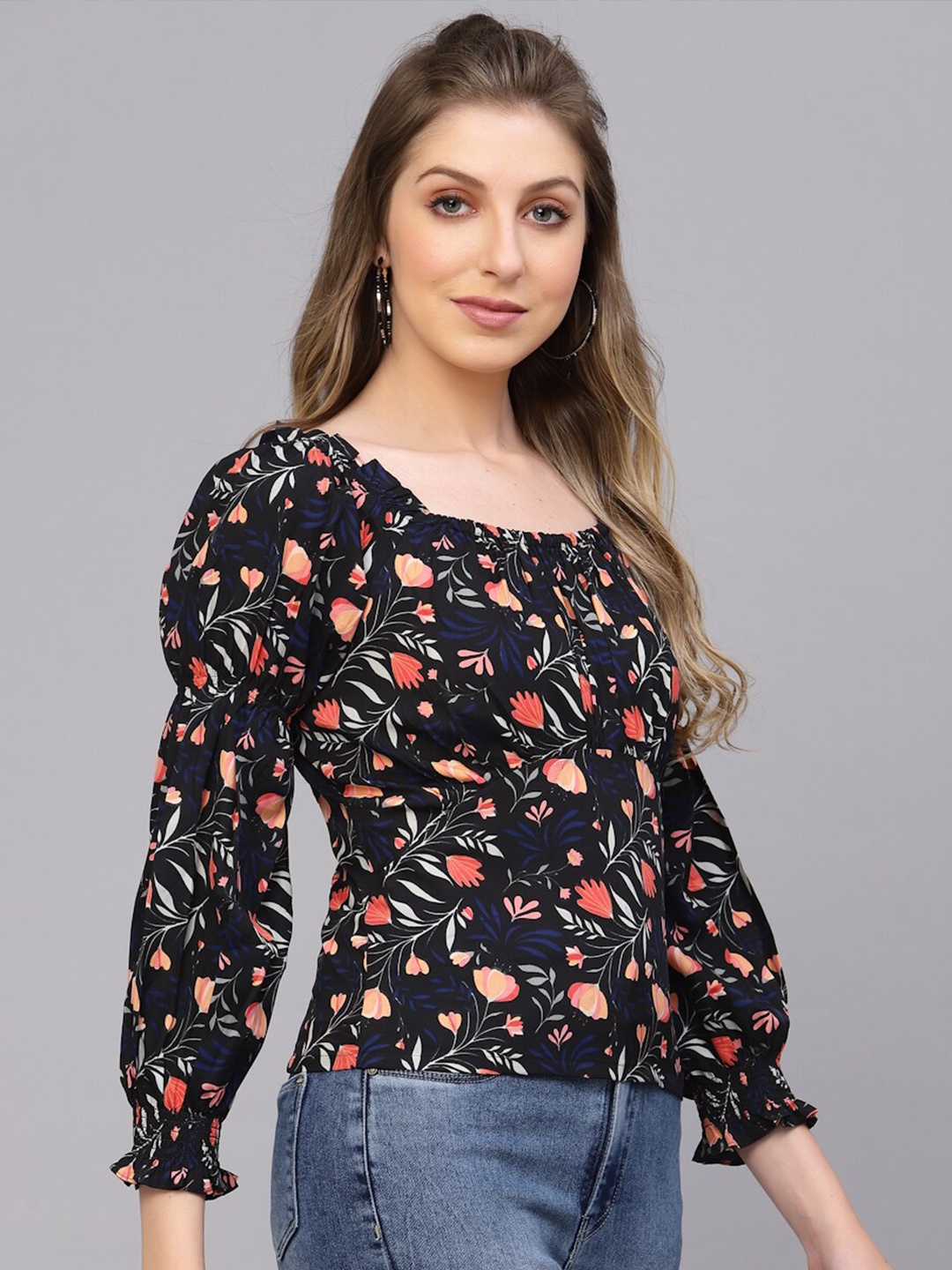 

Selvia Women Floral Print Crepe Top, Black