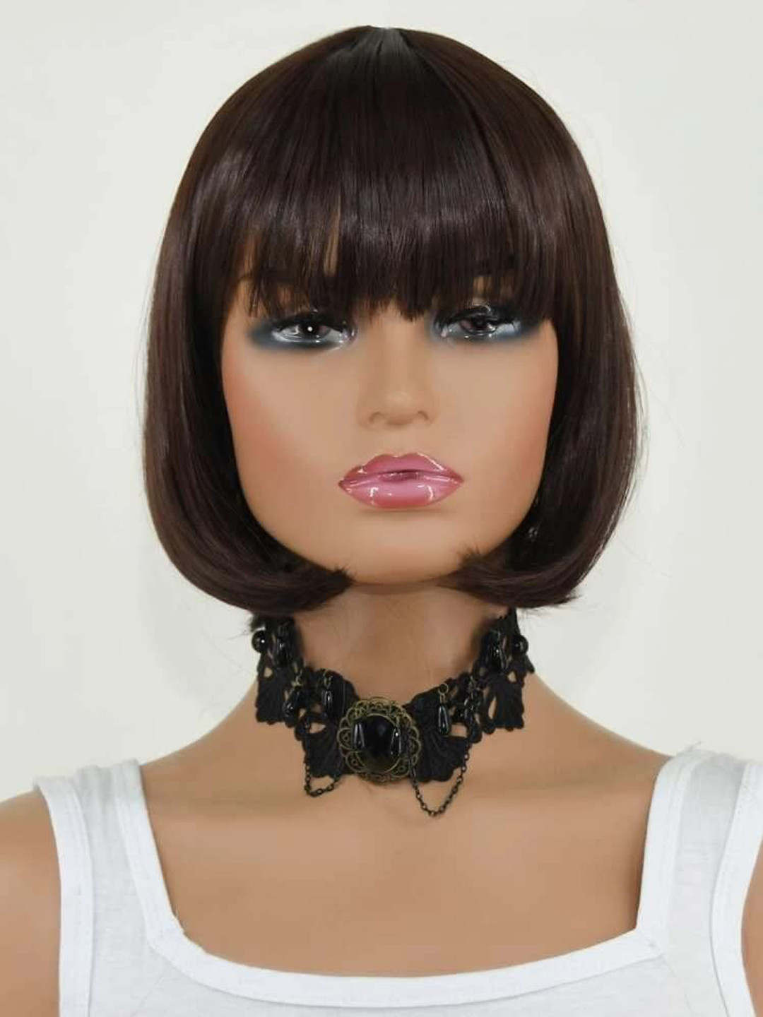 

CHRONEX Short Bob With Bangs Synthetic Full Head Hair Wig - Brown