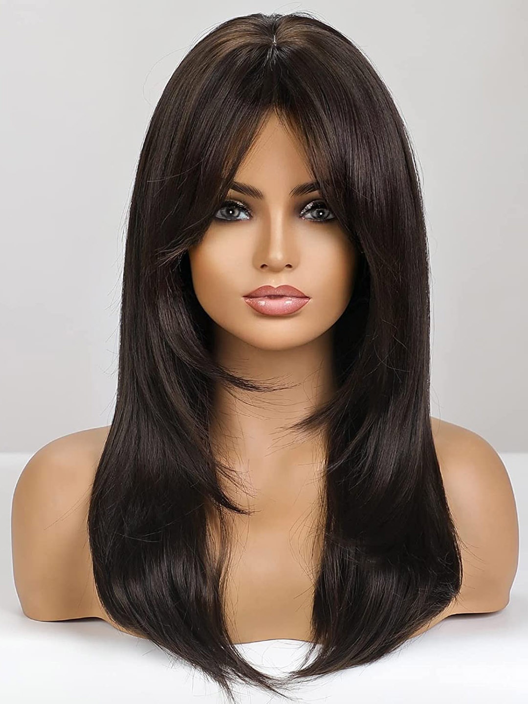 

CHRONEX Long Synthetic Nylon Bob Full Head Hair Wig with Bangs - Coffee Brown