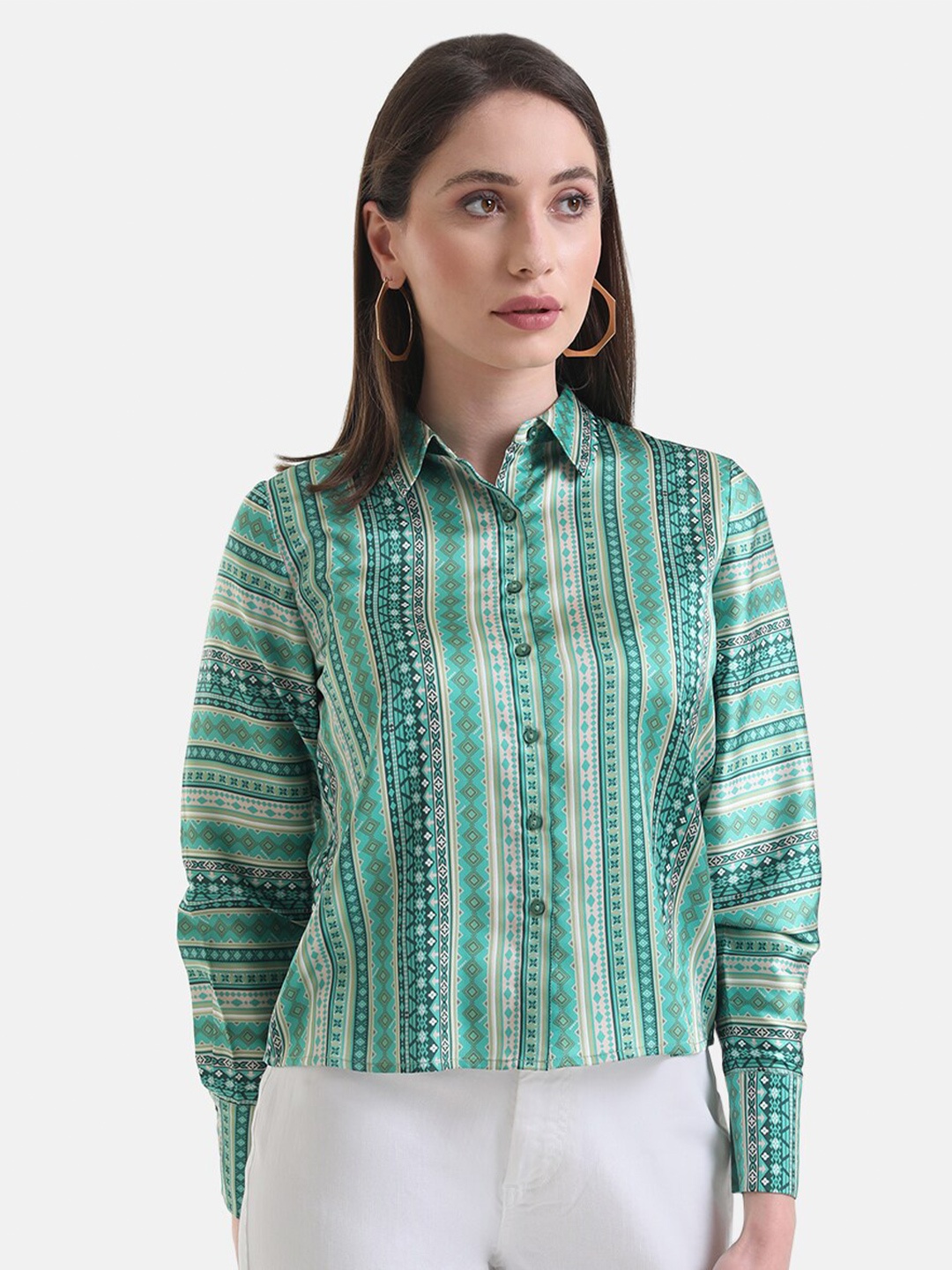 

Kazo Women Ethnic Printed Satin Formal Shirt, Green