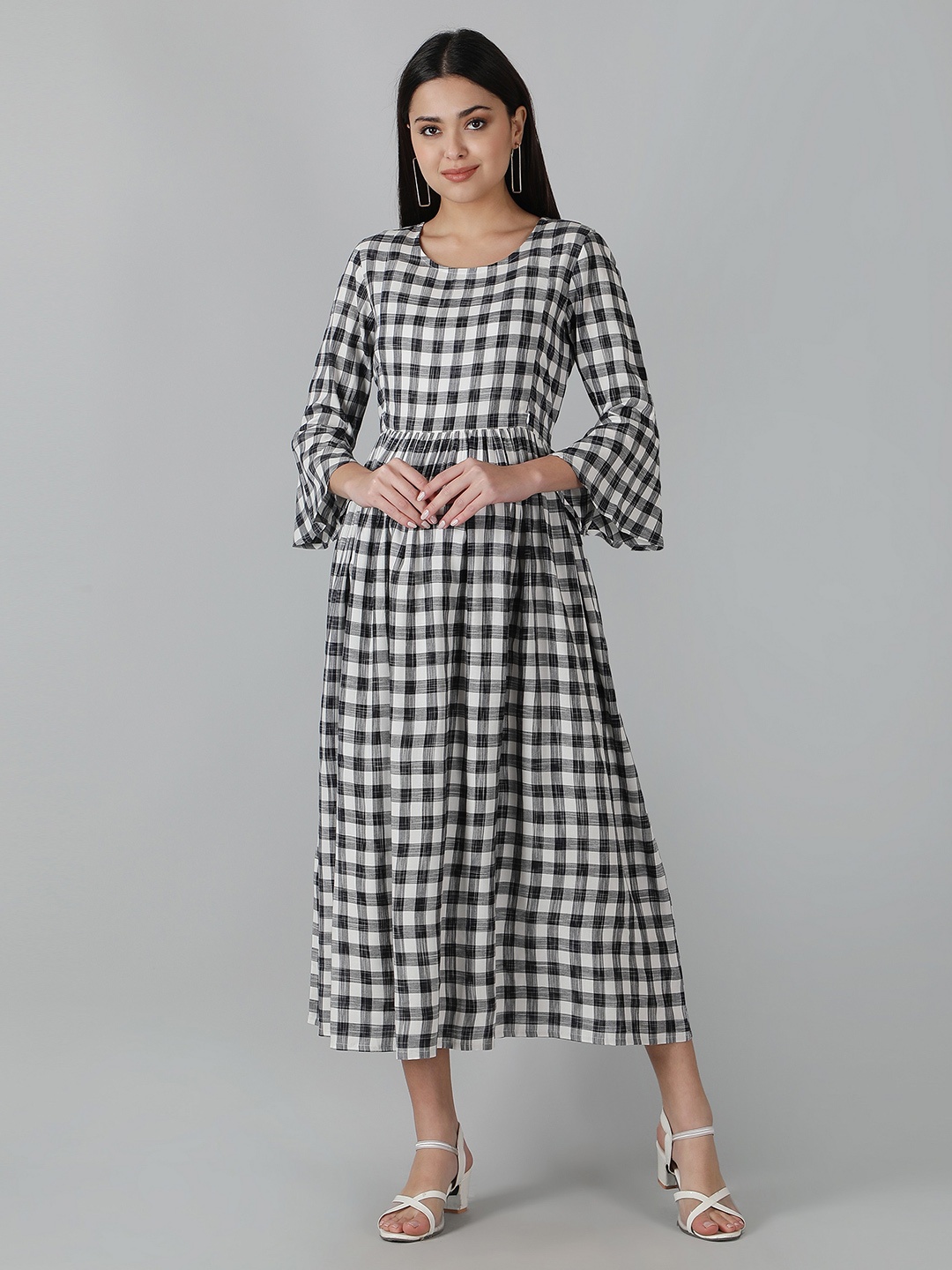 

misbis Checked Maternity A-Line Pure Cotton Midi Dress, Black