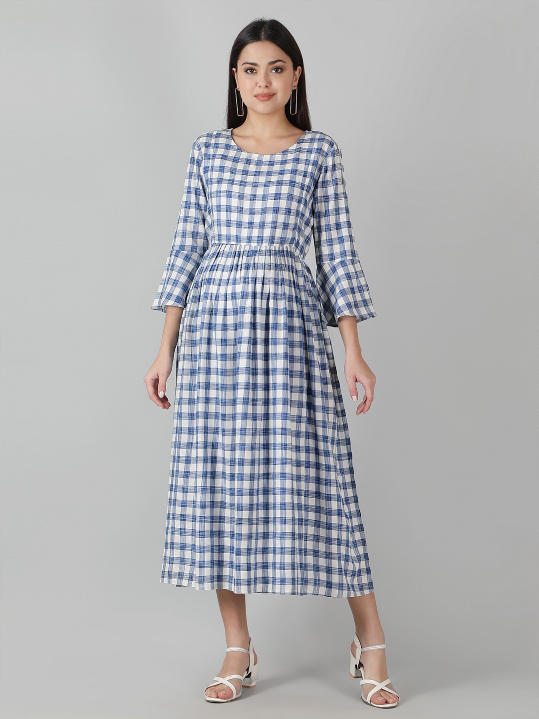 

misbis Checked Maternity Pure Cotton Midi Dress, Blue