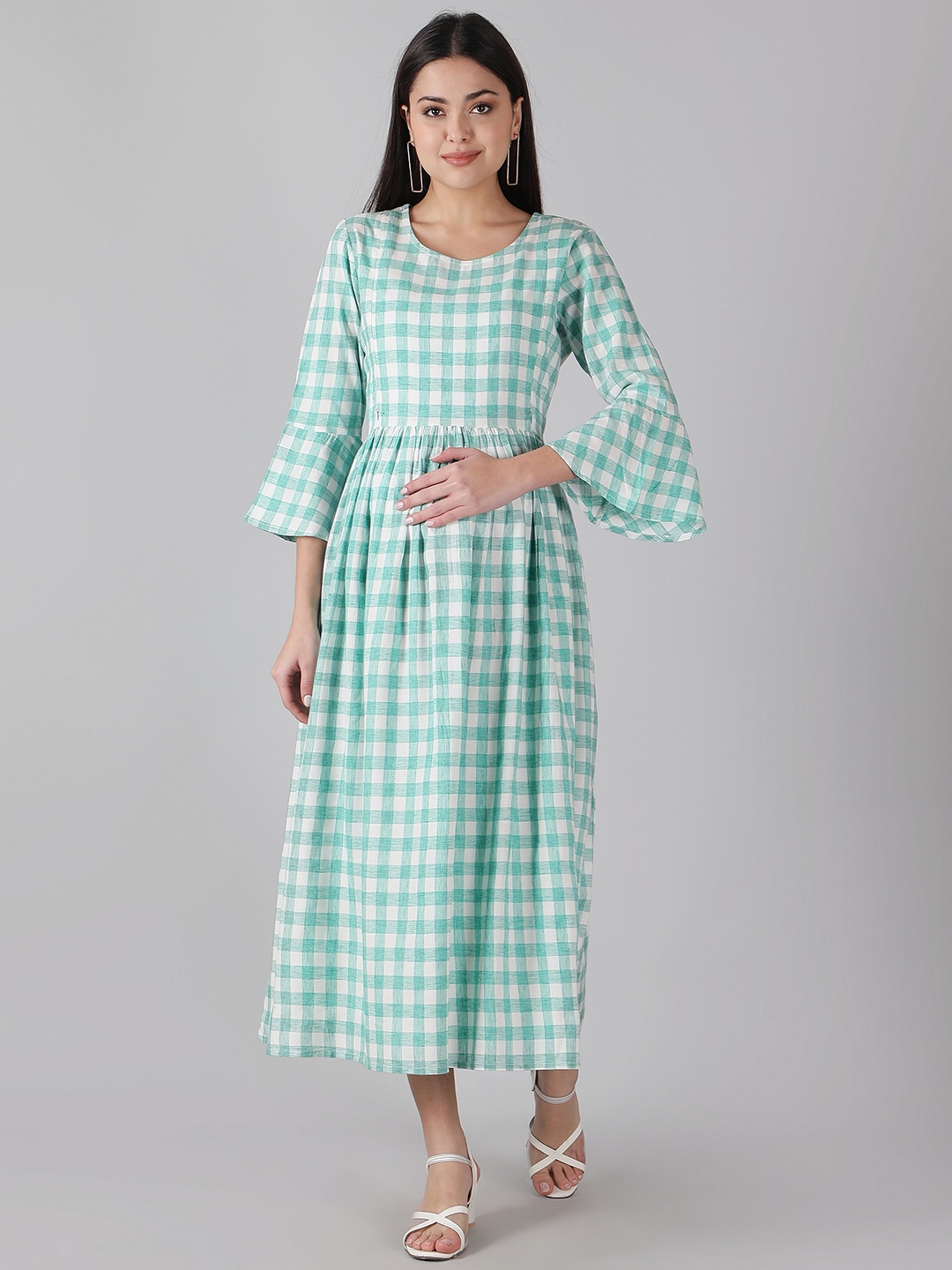 

misbis Checked Maternity Pure Cotton Midi Dress, Green