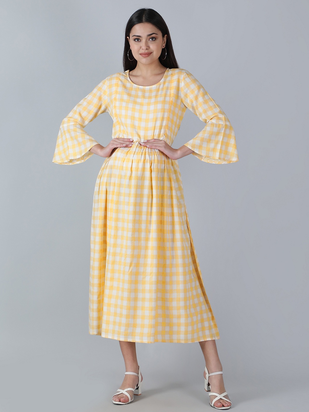 

misbis Checked Maternity Pure Cotton Midi Dress, Yellow