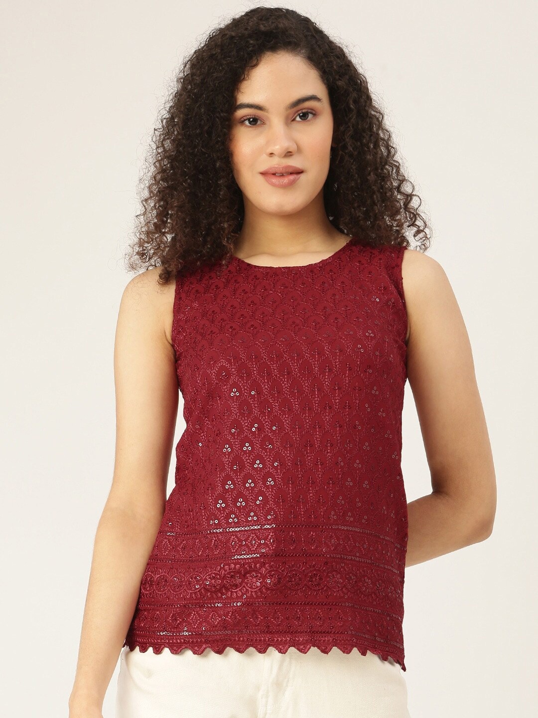 

BRINNS Embellished Round Neck Sequinned Top, Maroon