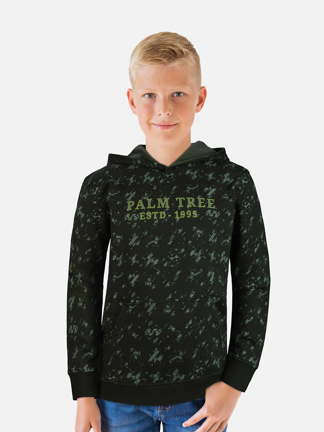

Palm Tree Boys Printed Hooded Cotton Sweatshirt, Olive
