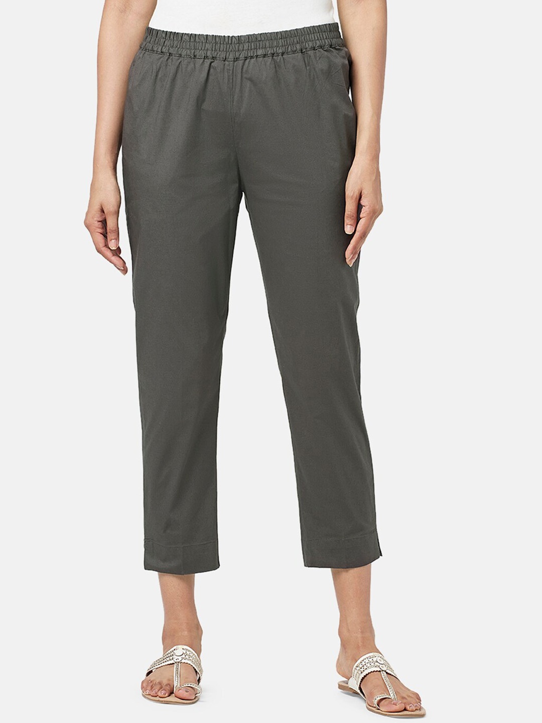 

RANGMANCH BY PANTALOONS Women Mid-Rise Cotton Trousers, Charcoal