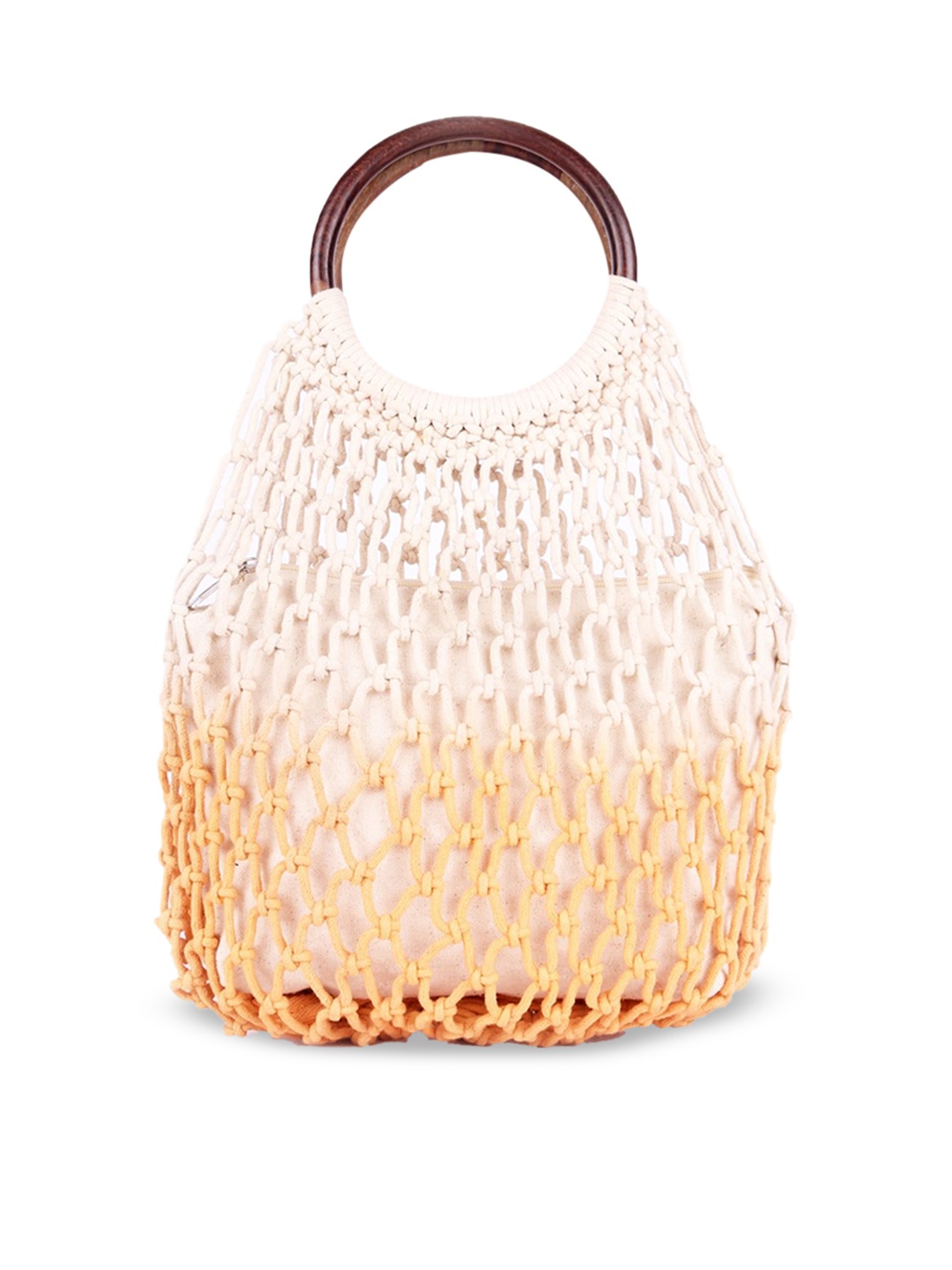

ASTRID Self Design Structured Handheld Ombre Macrame Bag with Wooden Handle, Yellow
