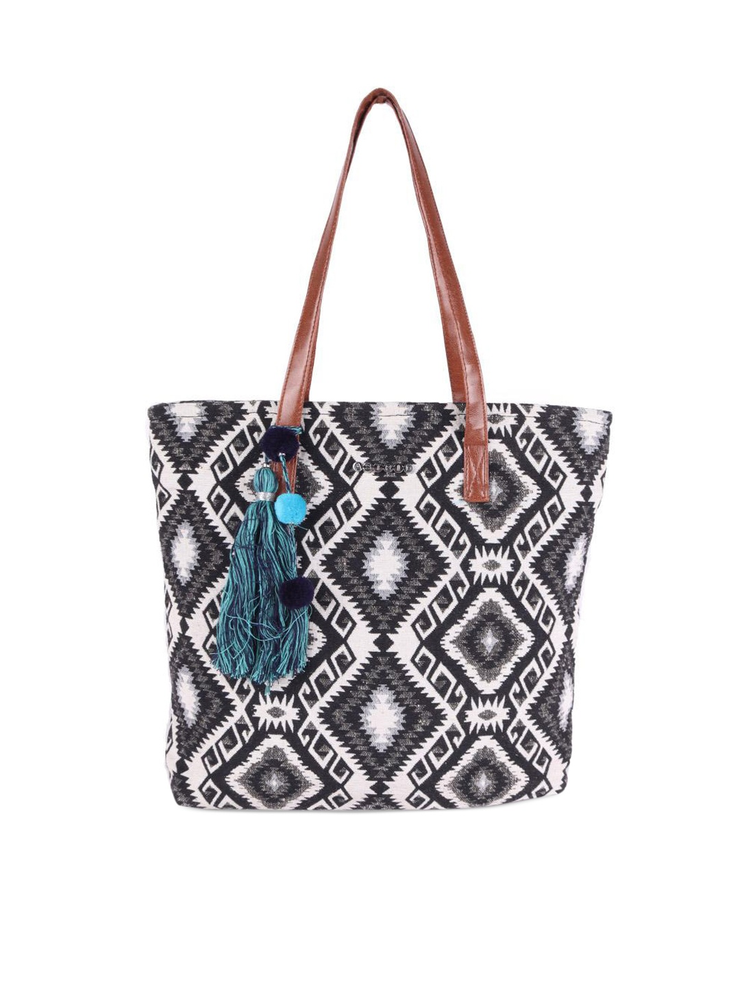 

ASTRID Black Geometric Printed Tasselled Shopper Tote Bag