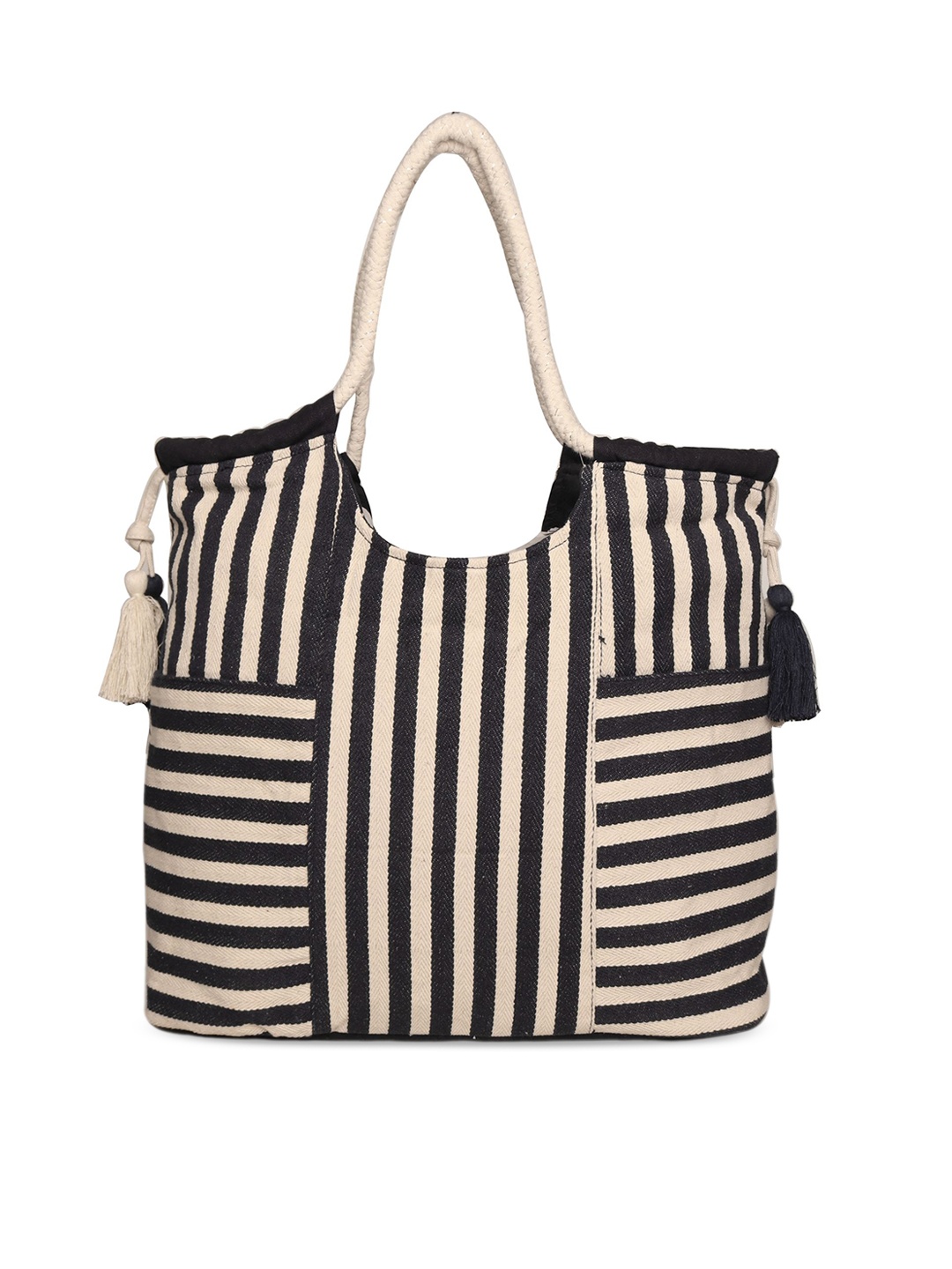 

ASTRID Striped Oversized Shopper Tote Bag with Tasselled, Black