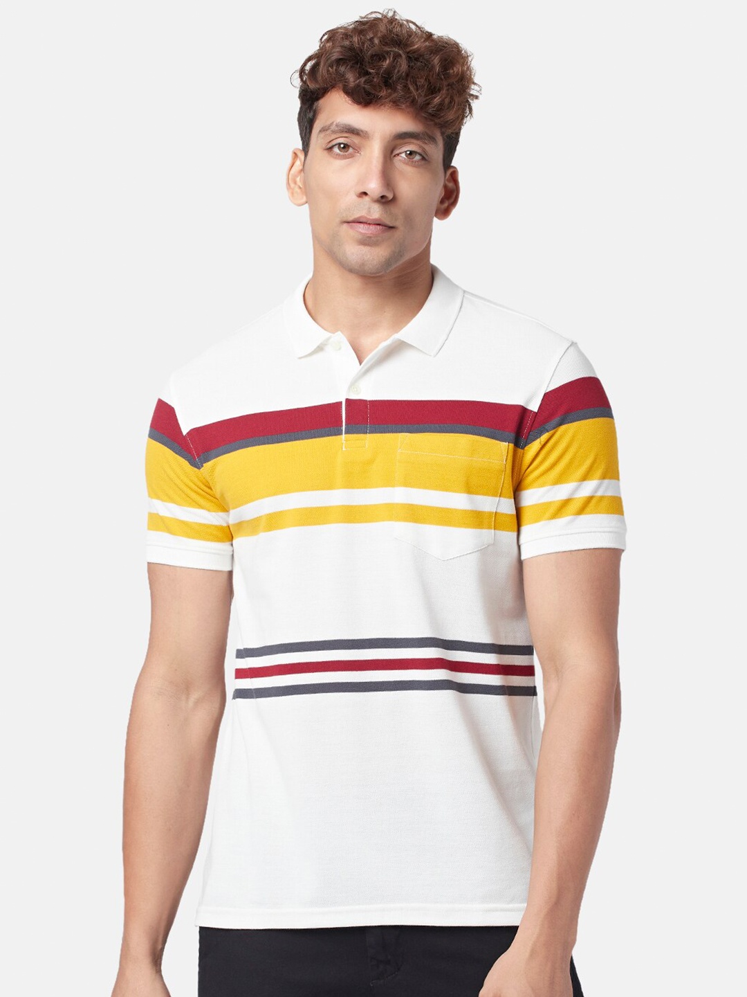 

BYFORD by Pantaloons Men Striped Polo Collar Slim Fit T-shirt, White