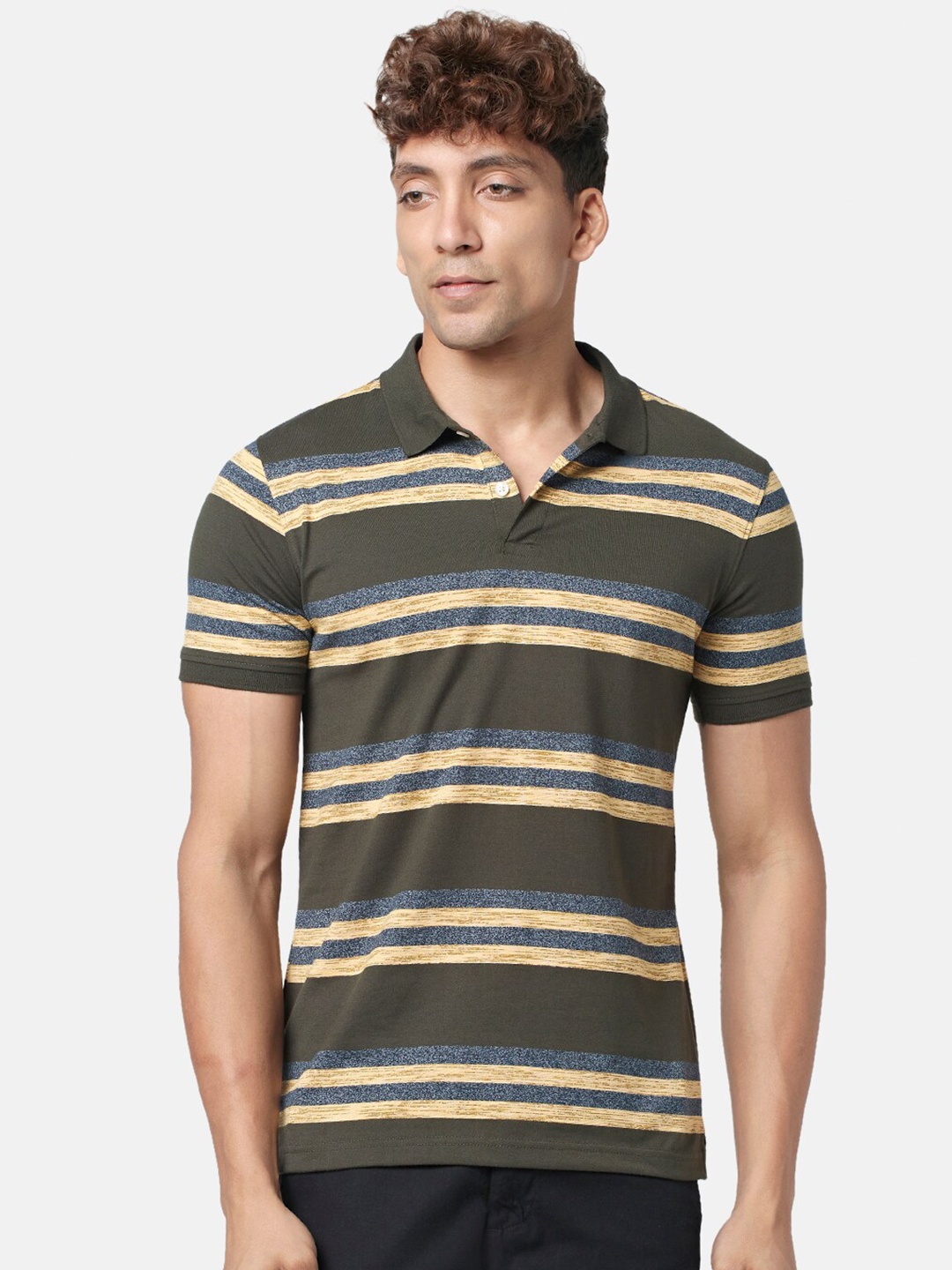 

BYFORD by Pantaloons Men Striped Polo Collar Slim Fit Cotton T-shirt, Olive