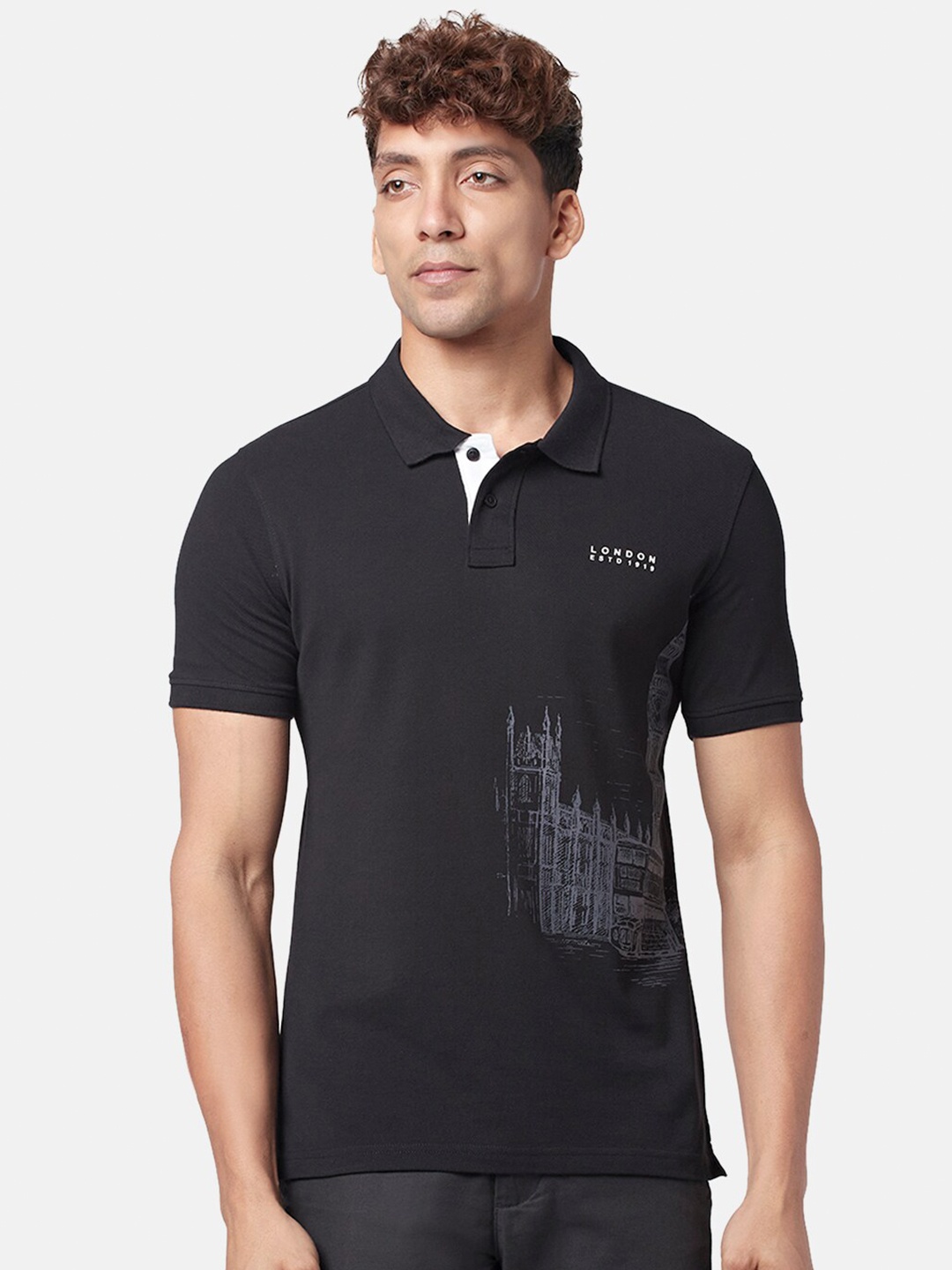 

BYFORD by Pantaloons Men Printed Polo Collar Cotton T-shirt, Black