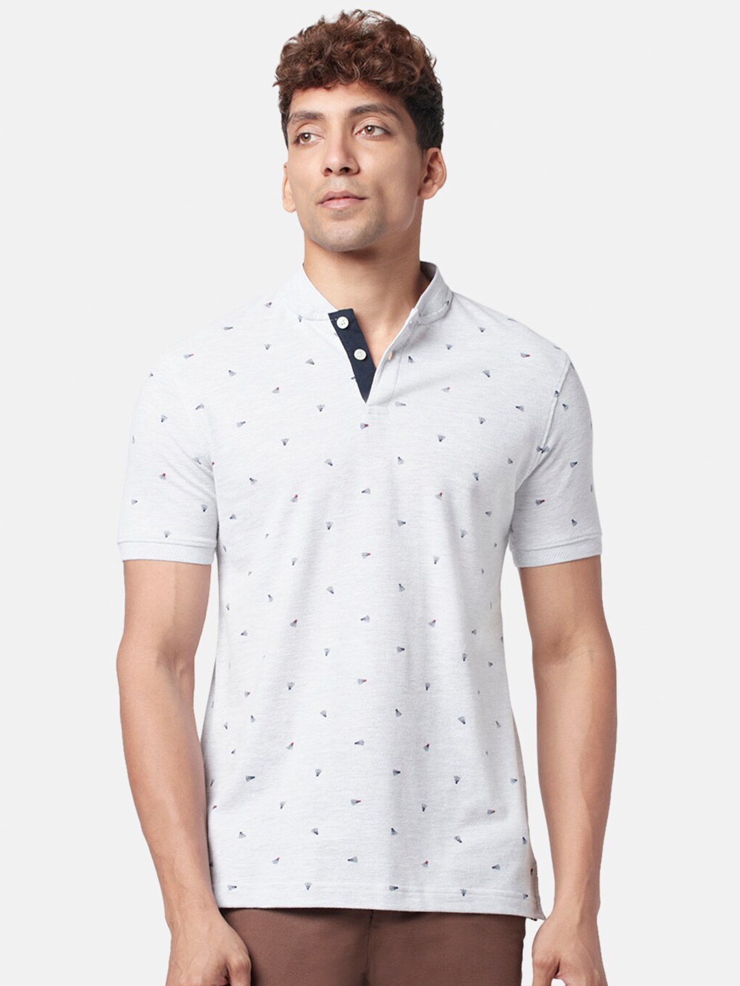 

BYFORD by Pantaloons Men Printed Polo Collar Slim Fit Cotton T-shirt, Off white