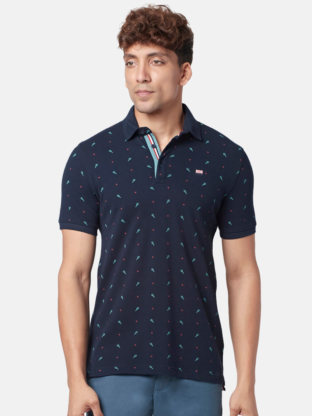 

BYFORD by Pantaloons Men Printed Polo Collar Slim Fit Cotton T-shirt, Navy blue