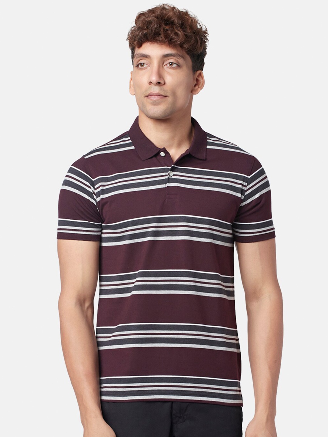 

BYFORD by Pantaloons Men Striped Polo Collar Slim Fit Cotton T-shirt, Maroon