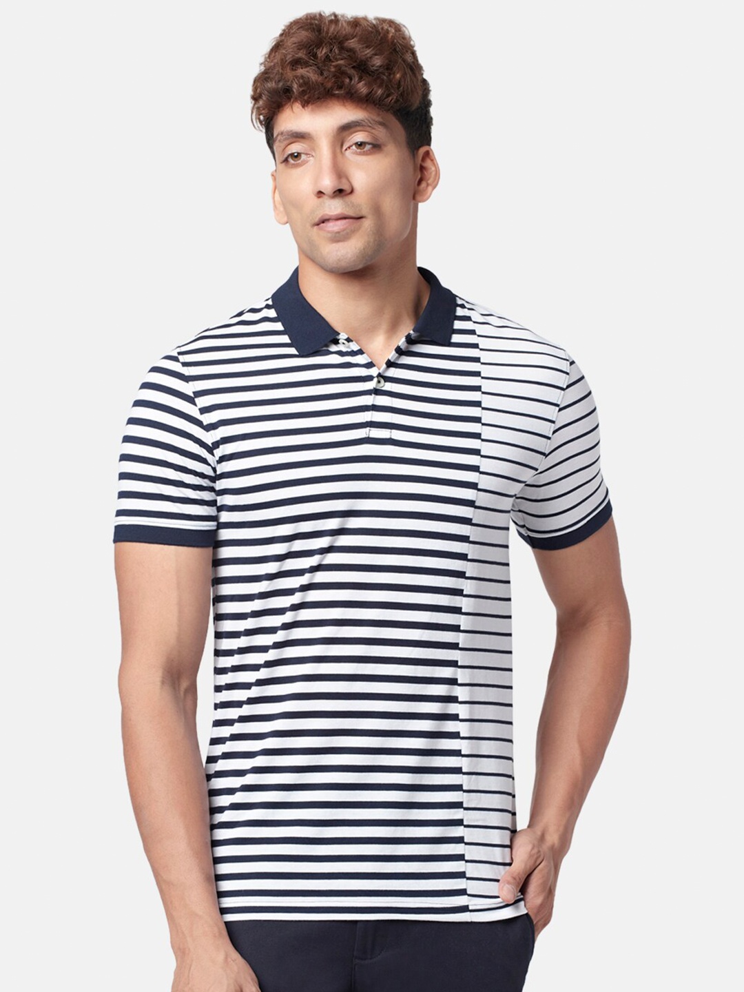 

BYFORD by Pantaloons Men Striped Polo Collar Slim Fit T-shirt, Navy blue