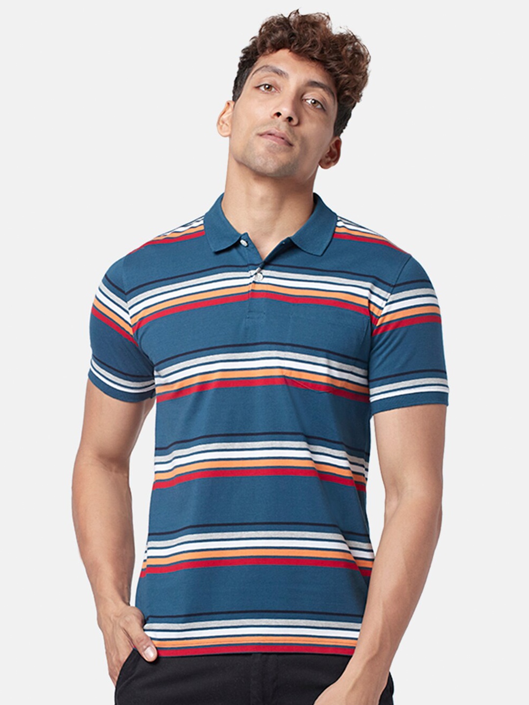 

BYFORD by Pantaloons Men Striped Polo Collar Cotton T-shirt, Teal