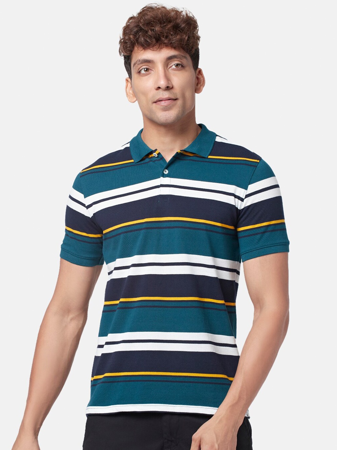 

BYFORD by Pantaloons Men Striped Polo Collar Cotton T-shirt, Green
