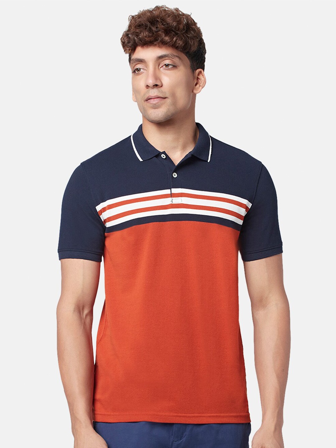 

BYFORD by Pantaloons Men Colourblocked Polo Collar Slim Fit Cotton T-shirt, Brown