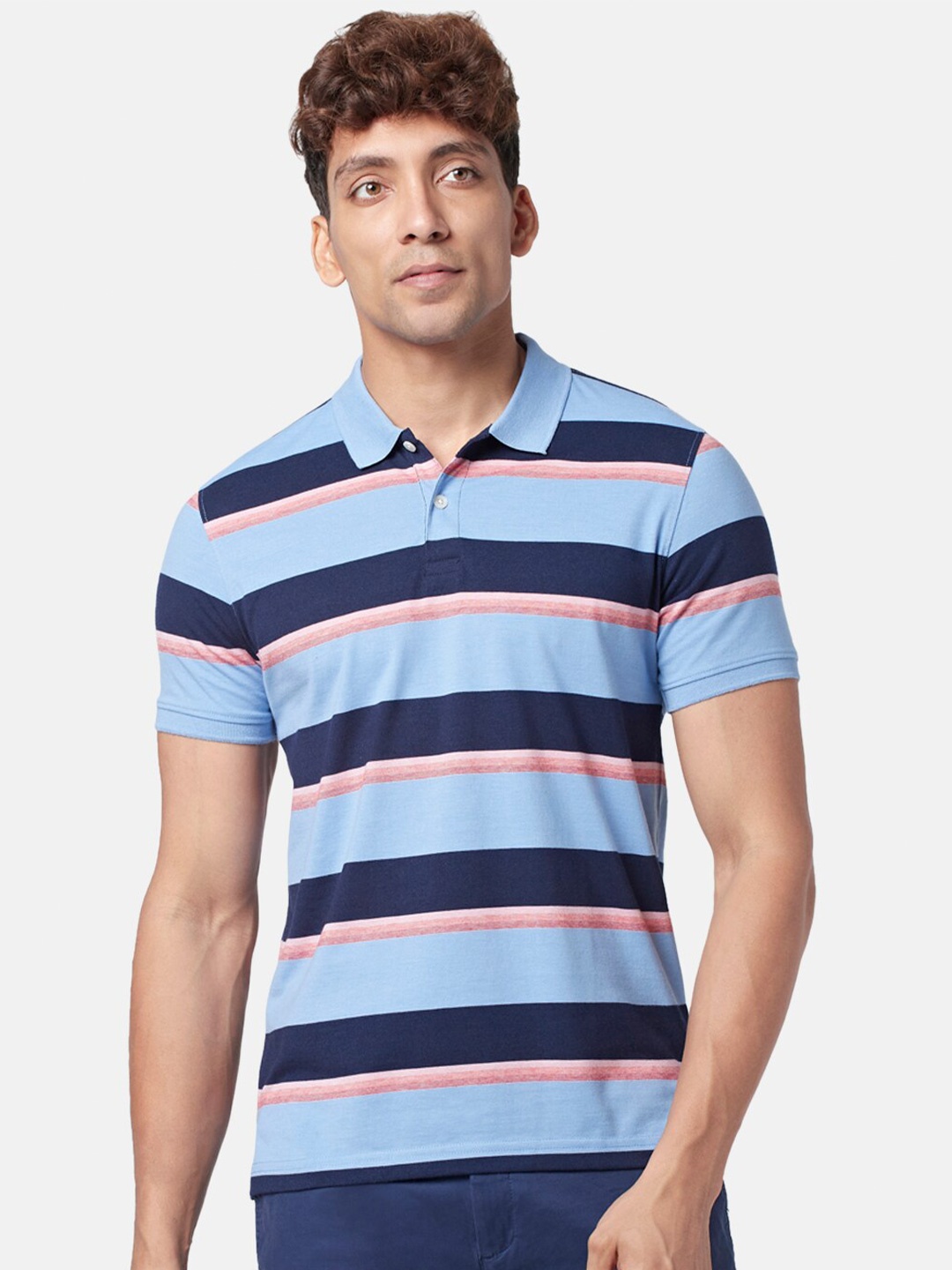 

BYFORD by Pantaloons Men Striped Slim Fit Cotton T-shirt, Blue