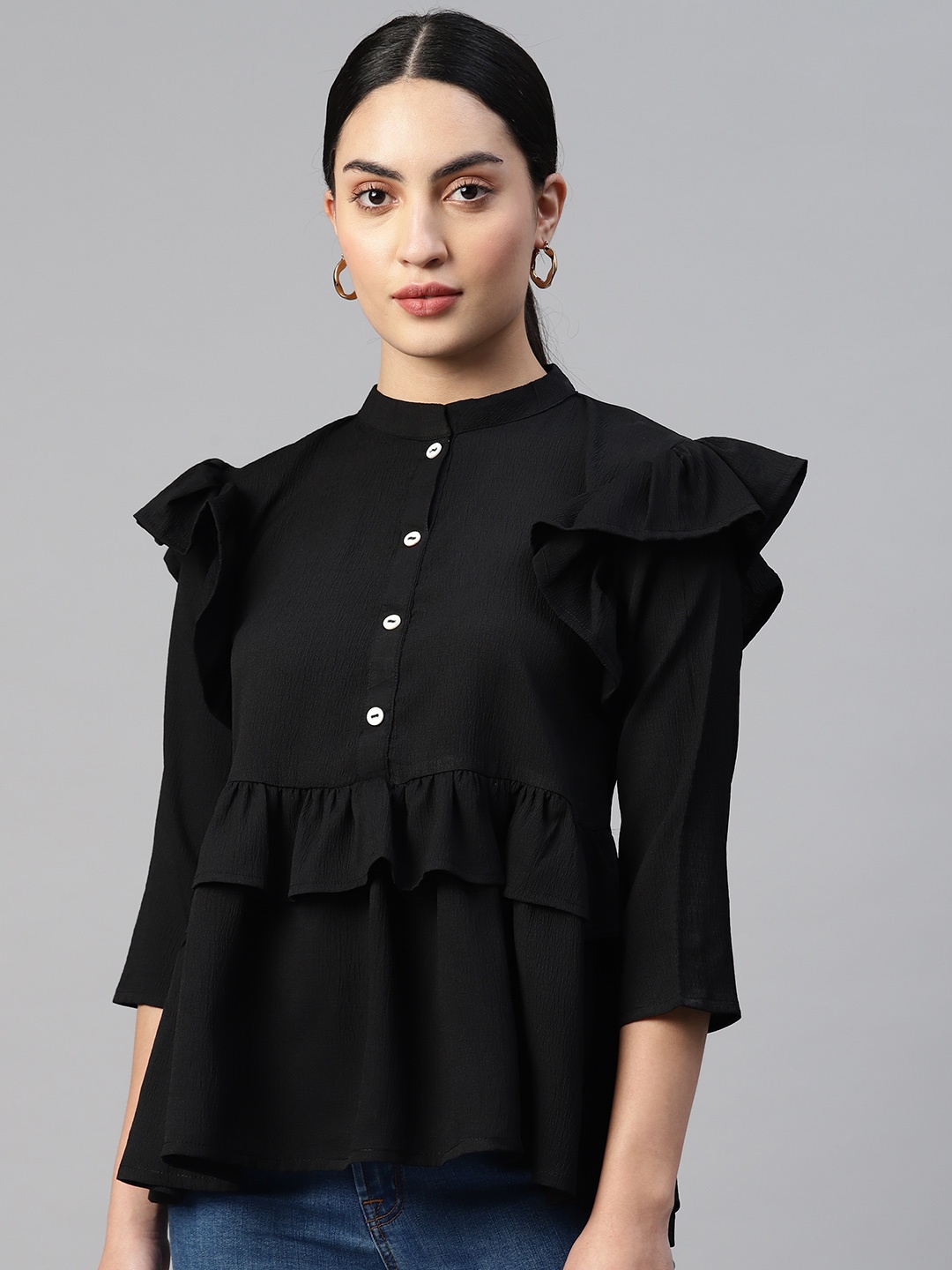 

WEAVETECH IMPEX Mandarin Collar Ruffles Scuba Top, Black