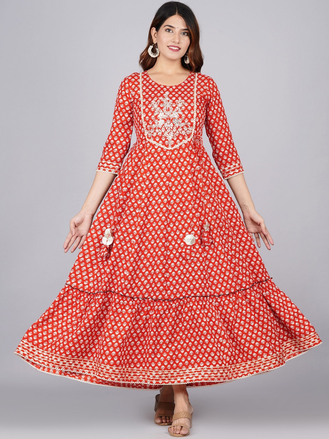 

JAIPURI COLLECTION Women Ethnic Motifs Printed Thread Work Anarkali Kurta, Rust