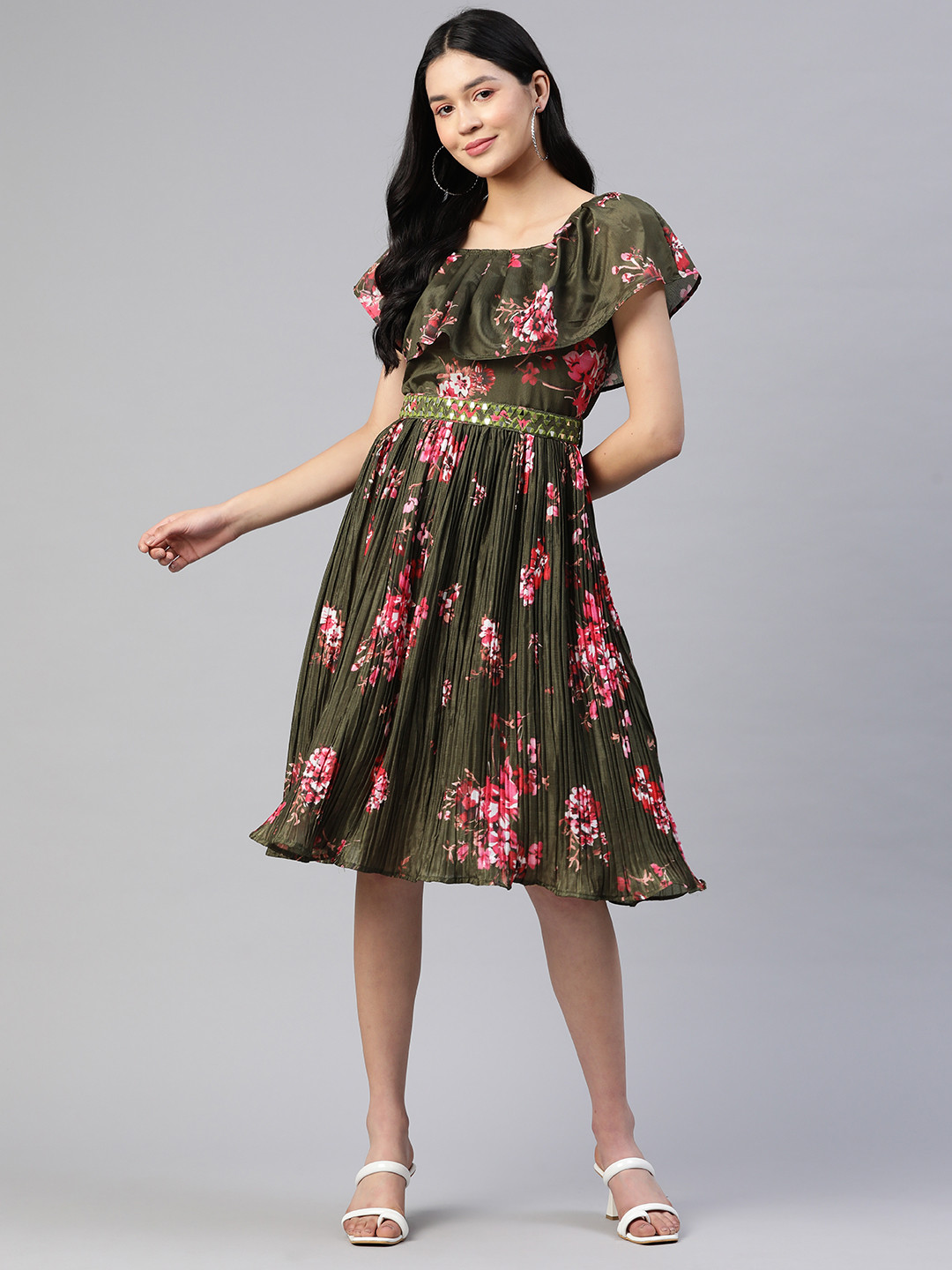 

WEAVETECH IMPEX Olive Green & Pink Floral Chiffon A-Line Dress