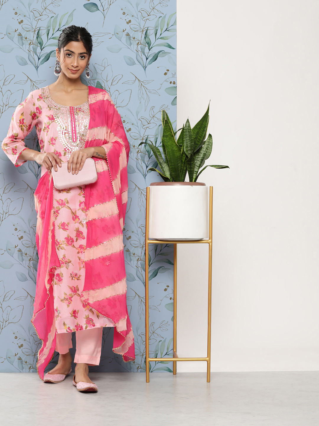 

Divena Women Floral Embroidered Gotta Patti Pure Cotton Kurta with Trousers & With Dupatta, Pink