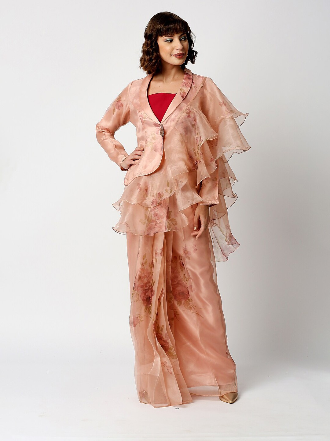 

Ira Soleil Nude-Coloured Floral Tissue Saree