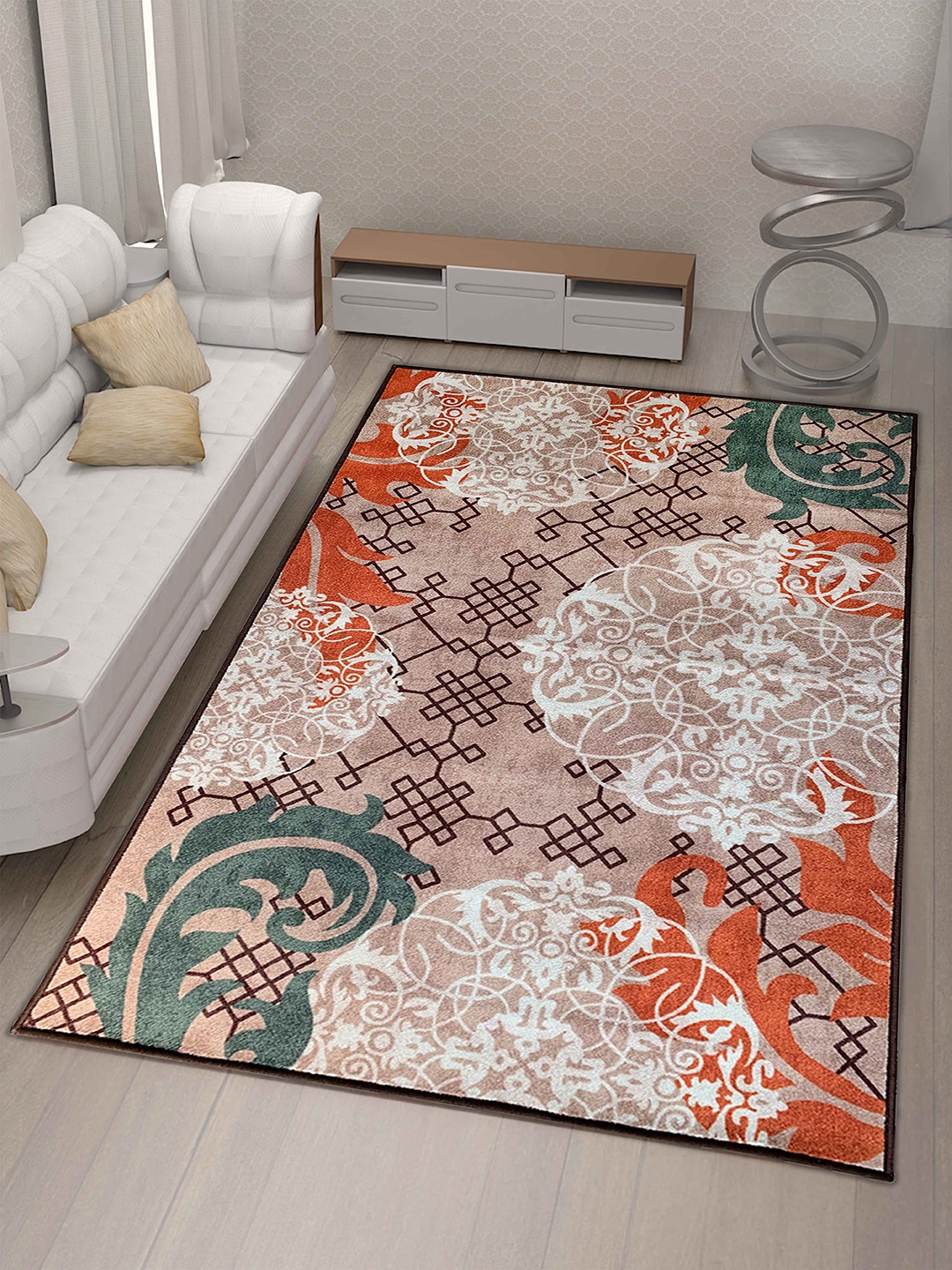 

Athom Trendz Rust & White Ethnic Motifs Printed Anti-Skid Carpet, Pink