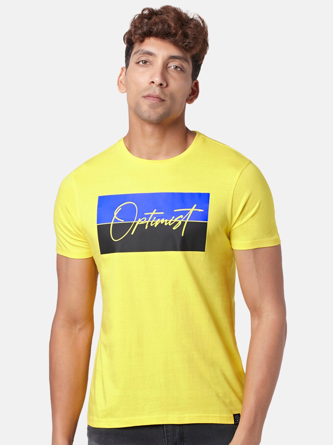 

People Men Round Neck Printed Slim Fit Pure Cotton T-shirt, Yellow