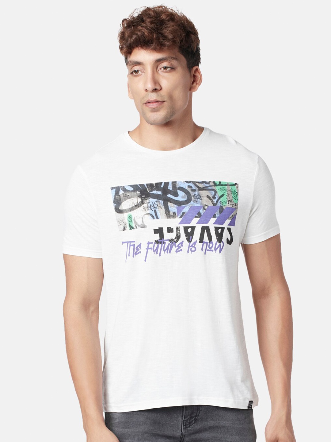 

People Men Typography Printed Slim Fit Pure Cotton T-shirt, Off white