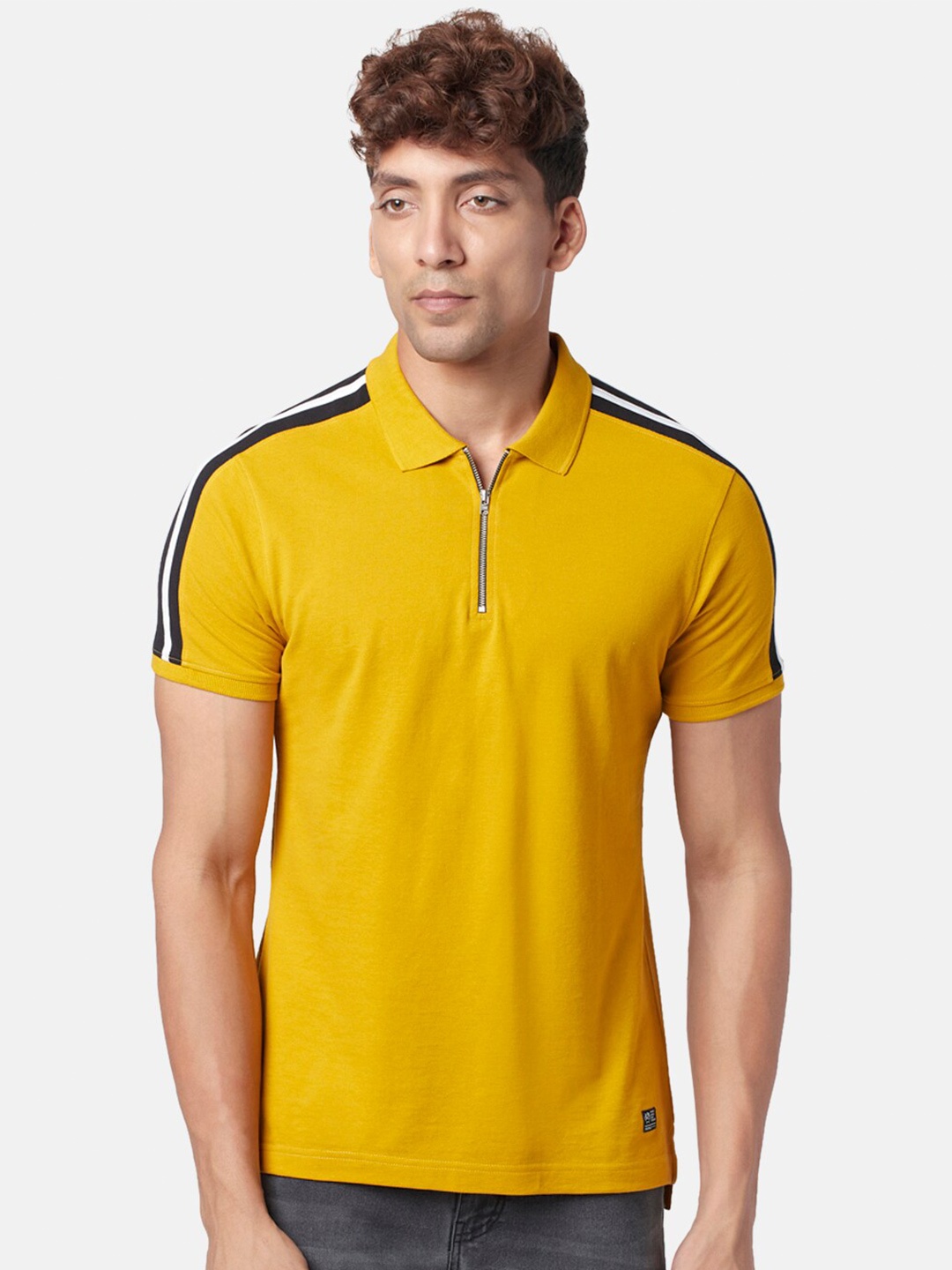 

People Men Polo Collar Slim Fit Pure Cotton T-shirt, Mustard