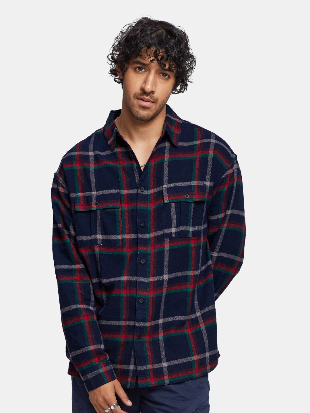 

The Souled Store Men Checked Pure Cotton Oversized Casual Shirt, Navy blue