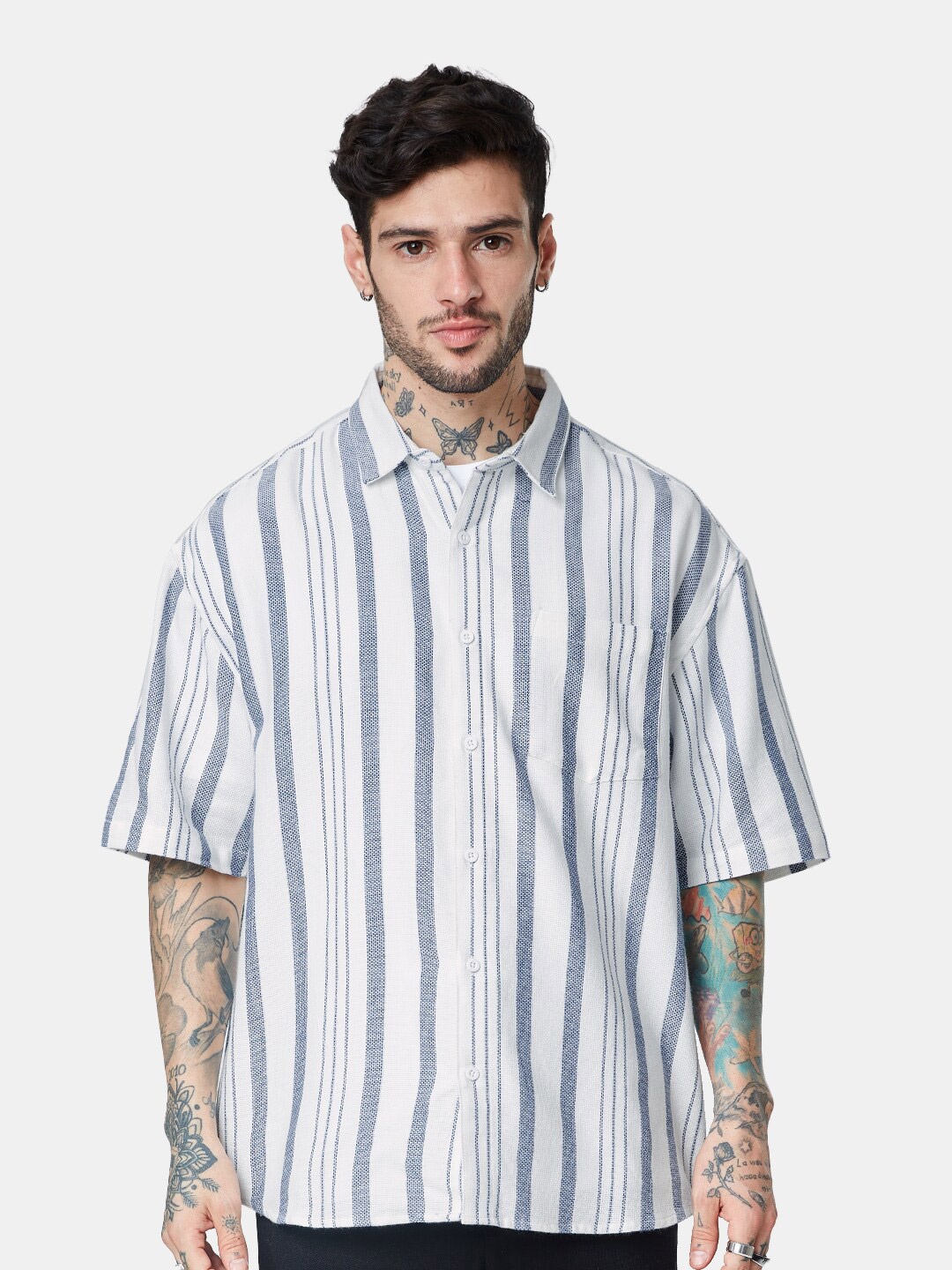 

The Souled Store Men Striped Pure Cotton Casual Oversized Shirt, White