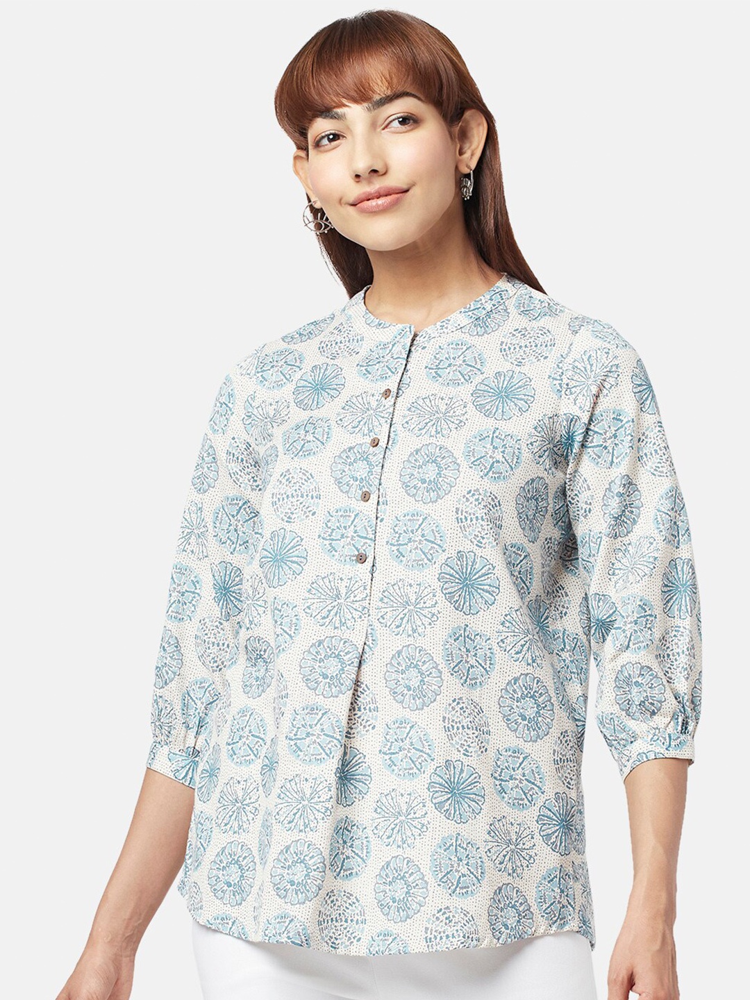 

AKKRITI BY PANTALOONS Mandarin Collar Printed Cotton Tunic, Blue