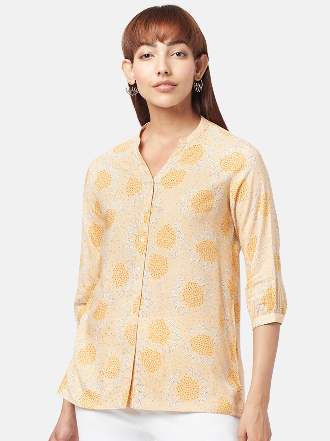 

AKKRITI BY PANTALOONS Mandarin Collar Printed Tunic, Mustard