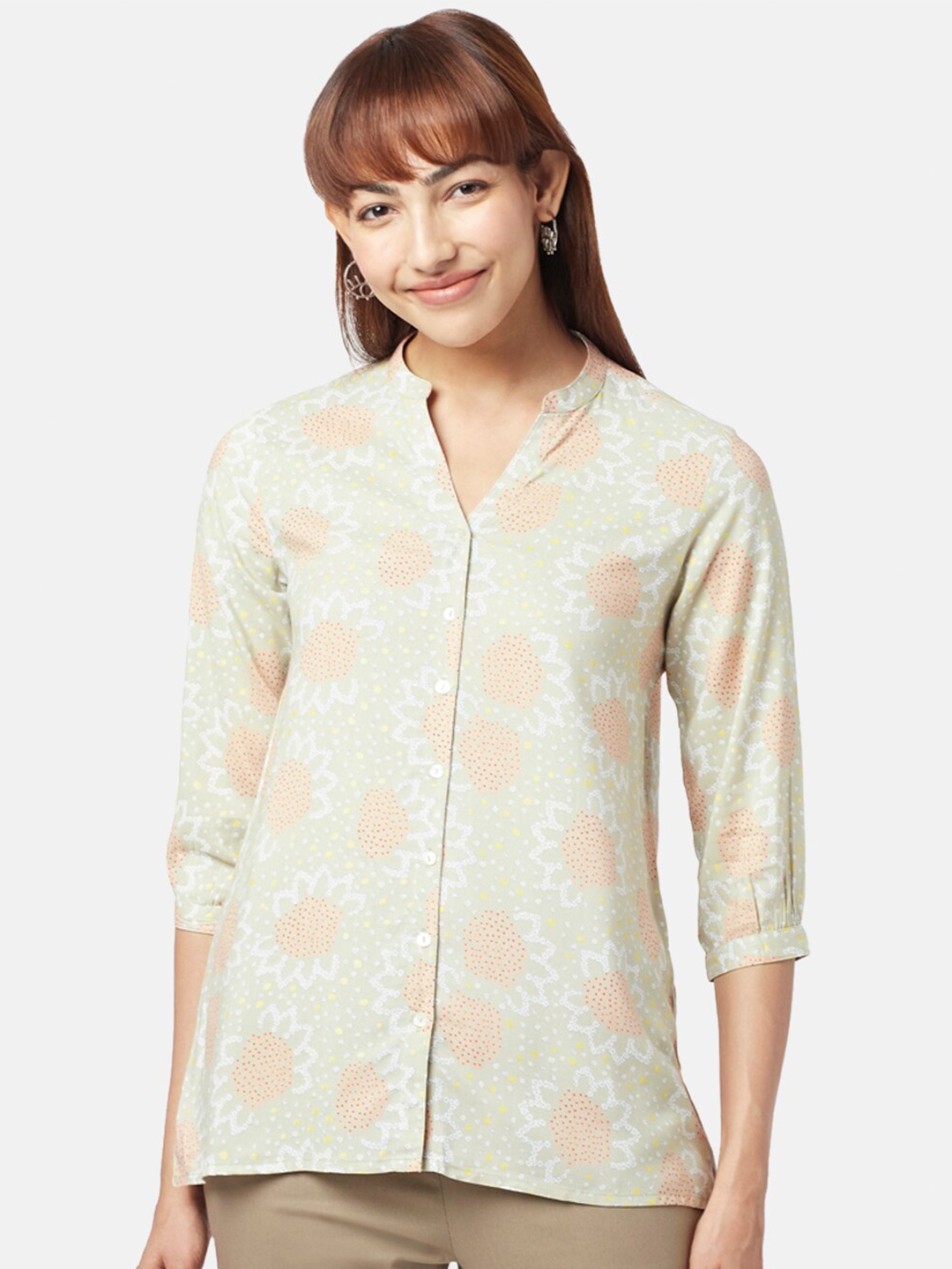 

AKKRITI BY PANTALOONS Mandarin Collar Printed Tunic, Green