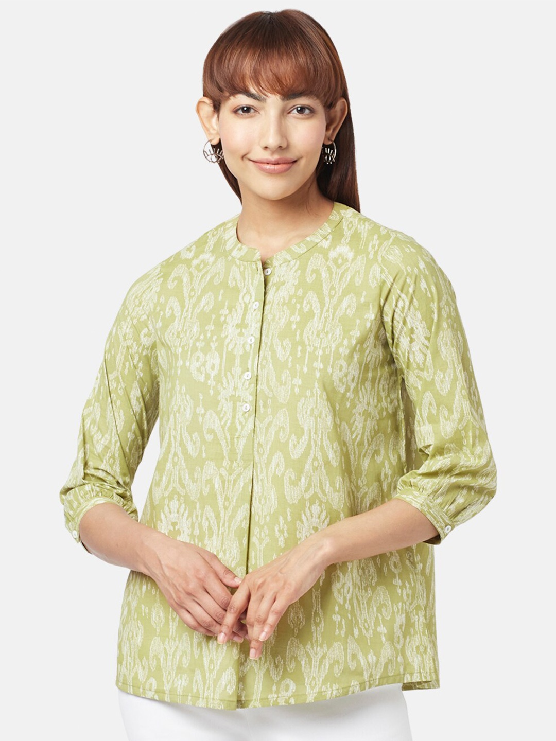 

AKKRITI BY PANTALOONS Mandarin Collar Printed Cotton Tunic, Green
