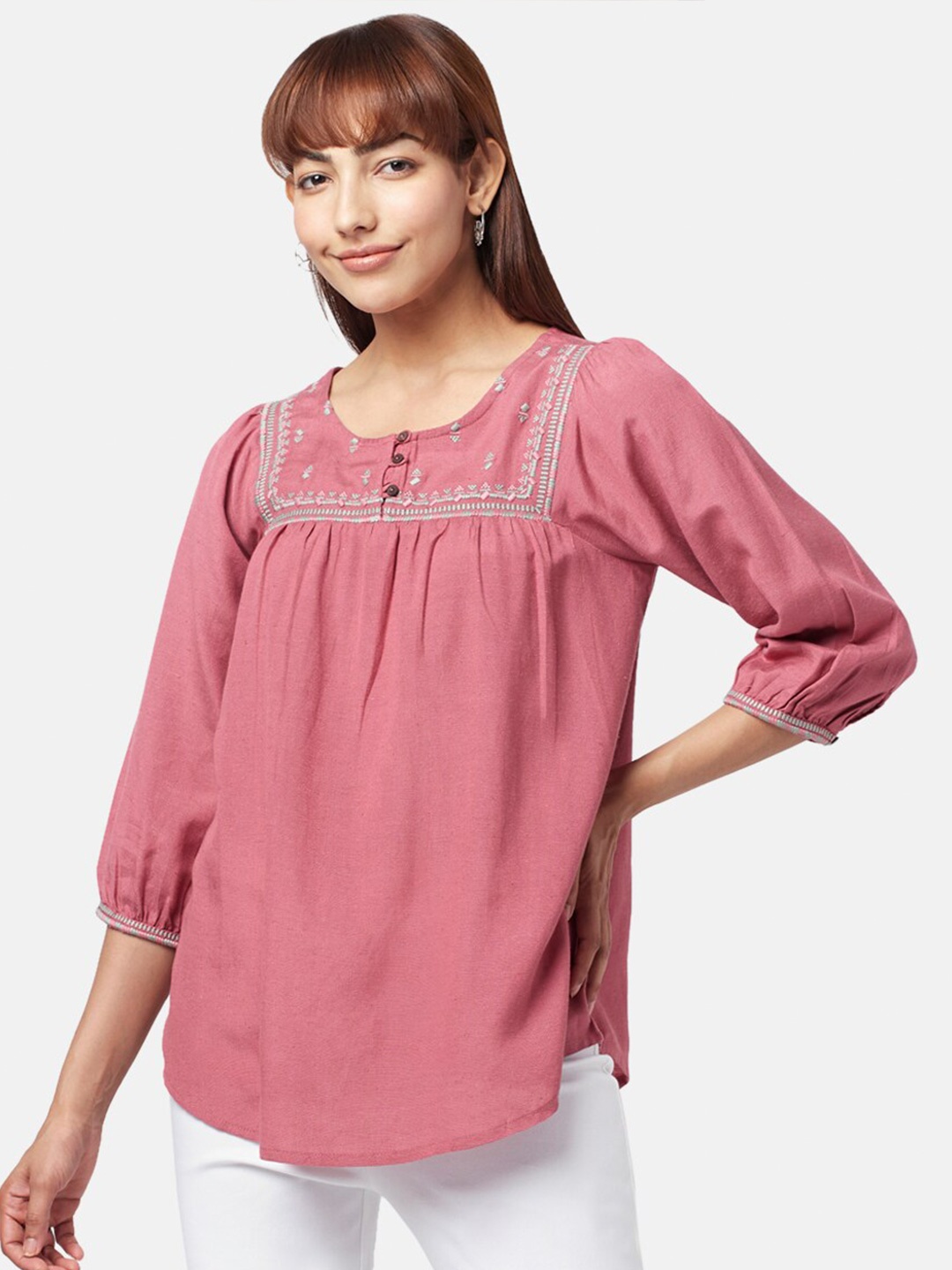 

AKKRITI BY PANTALOONS Round Neck Embroidered Tunic, Pink